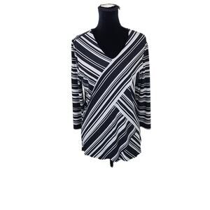 Chicos Women's Top Size S Large Black White Striped 3/4 Sleeve Stretch Blouse